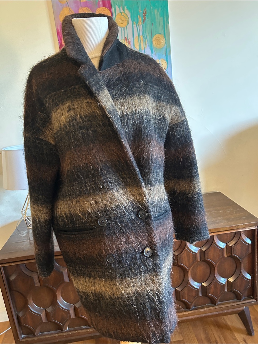 Soia & Kyo Brown and black Striped Mohair Blend Pea Coat